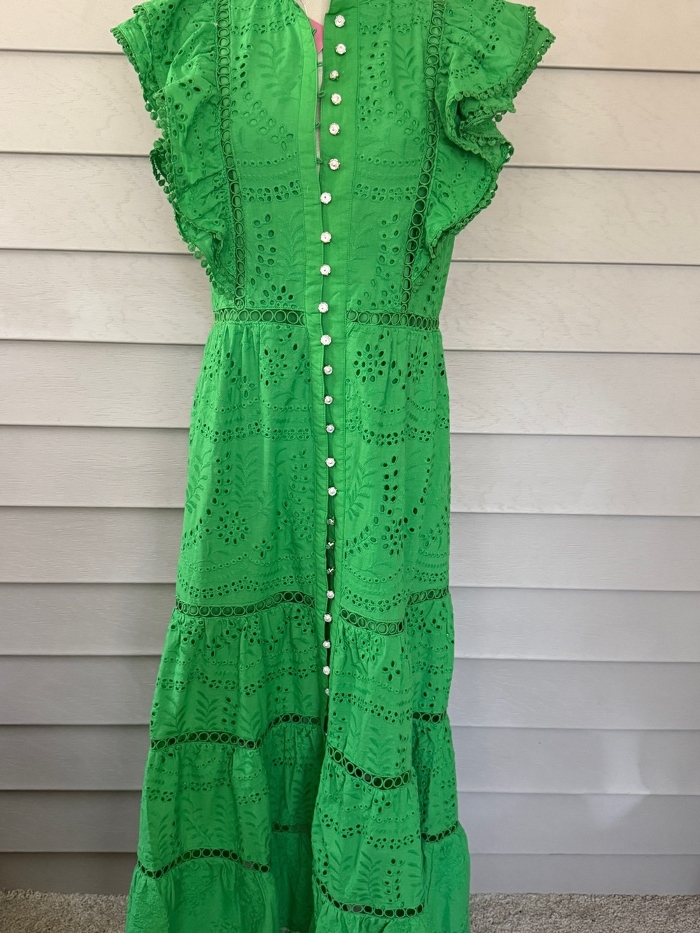 Bright Green Eyelet Button-Front Maxi Dress